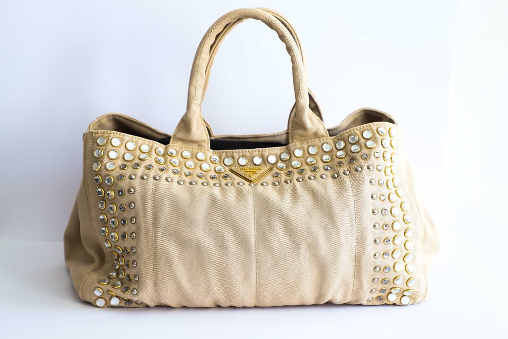 Prada - Ecru Denim Studded Tote