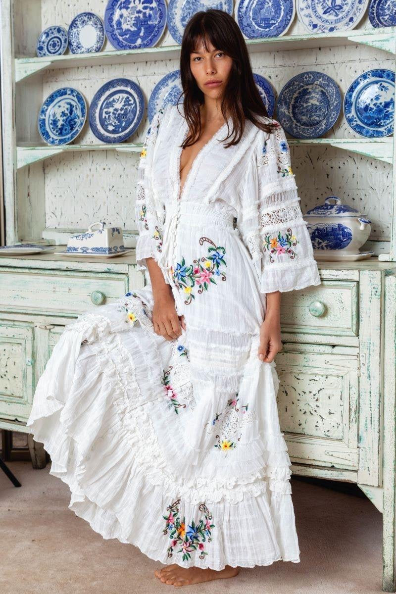 Fillyboo Charm Your Way -  Embroidered Maxi Dress/Duster - Rosey Tea In Ivory  (For Hire)