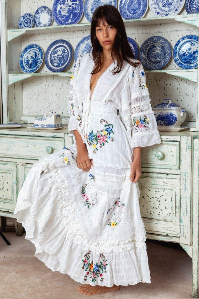 Fillyboo Charm Your Way -  Embroidered Maxi Dress/Duster - Rosey Tea In Ivory  (For Hire)