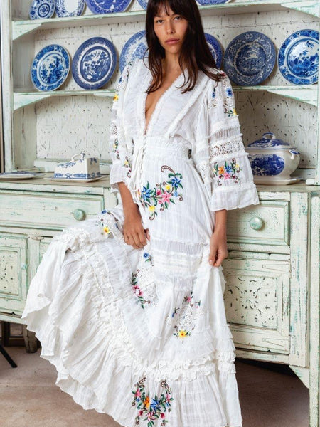 Fillyboo Charm Your Way -  Embroidered Maxi Dress/Duster - Rosey Tea In Ivory  (For Hire)