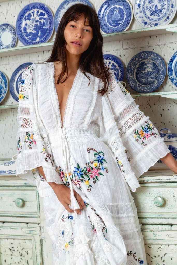Fillyboo Charm Your Way - Embroidered Maxi Dress/Duster - Rosey Tea In Ivory (For Hire)