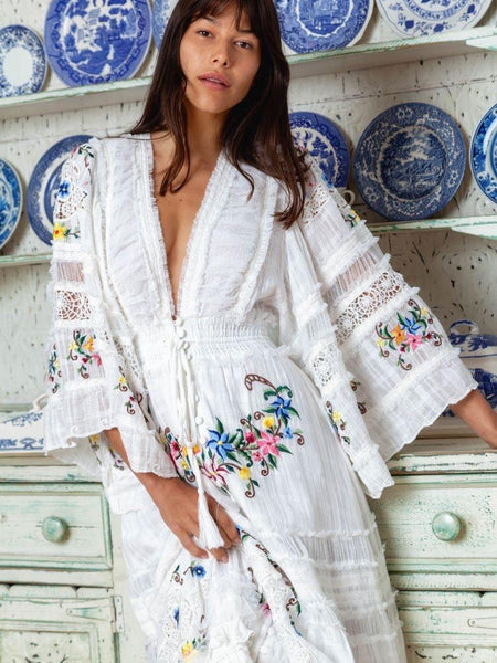 Fillyboo Charm Your Way -  Embroidered Maxi Dress/Duster - Rosey Tea In Ivory  (For Hire)