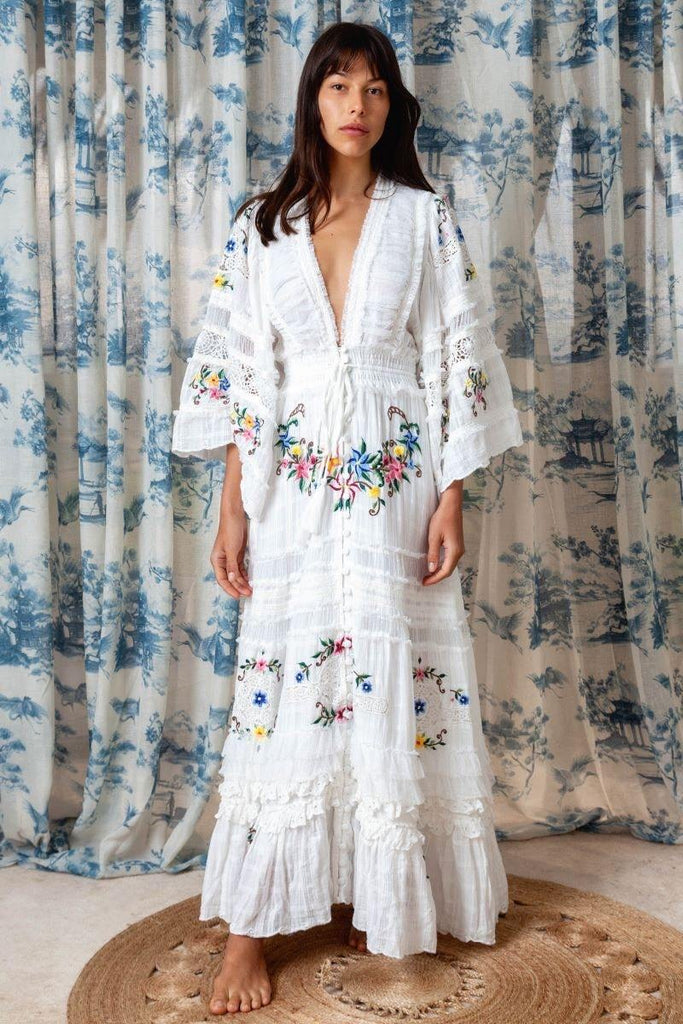 Fillyboo Charm Your Way - Embroidered Maxi Dress/Duster - Rosey Tea In Ivory (For Hire)