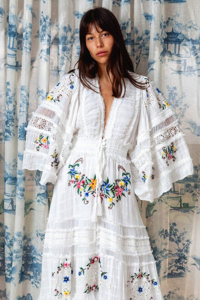 Fillyboo Charm Your Way - Embroidered Maxi Dress/Duster - Rosey Tea In Ivory (For Hire)