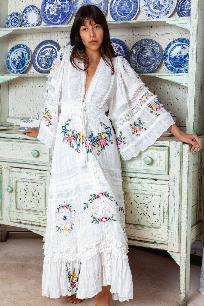 Fillyboo Charm Your Way - Embroidered Maxi Dress/Duster - Rosey Tea In Ivory (For Hire)
