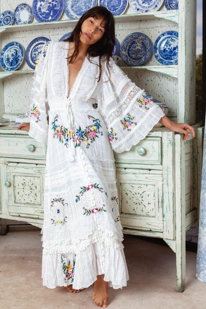 Fillyboo Charm Your Way - Embroidered Maxi Dress/Duster - Rosey Tea In Ivory (For Hire)