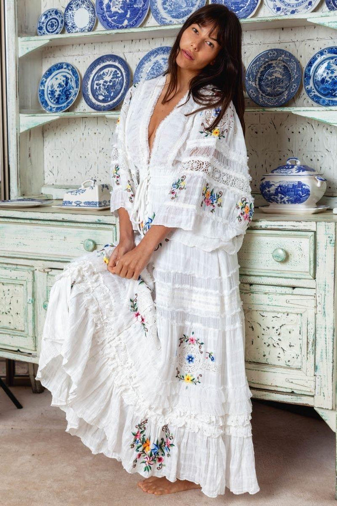 Fillyboo Charm Your Way - Embroidered Maxi Dress/Duster - Rosey Tea In Ivory (For Hire)