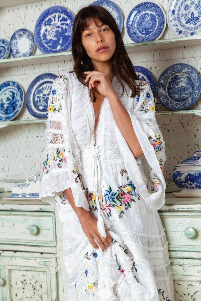 Fillyboo Charm Your Way - Embroidered Maxi Dress/Duster - Rosey Tea In Ivory (For Hire)