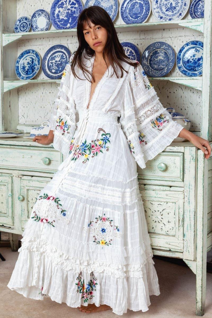 Fillyboo Charm Your Way - Embroidered Maxi Dress/Duster - Rosey Tea In Ivory (For Hire)