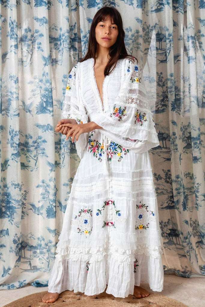 Fillyboo Charm Your Way - Embroidered Maxi Dress/Duster - Rosey Tea In Ivory (For Hire)