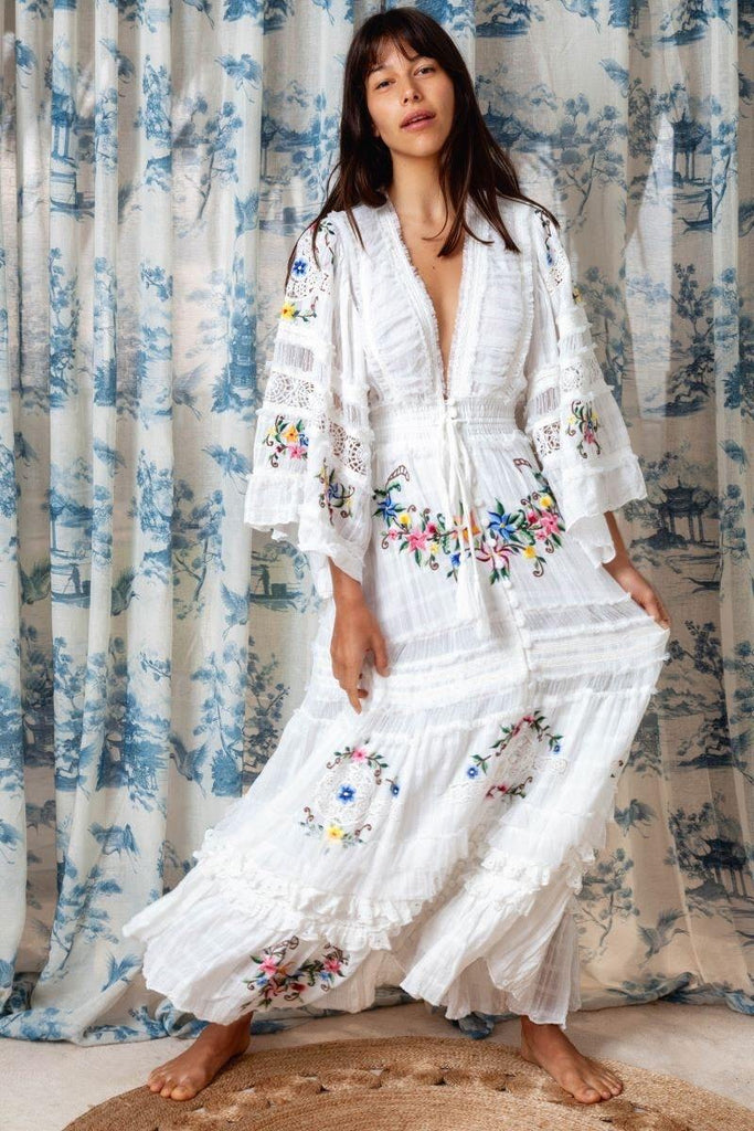 Fillyboo Charm Your Way - Embroidered Maxi Dress/Duster - Rosey Tea In Ivory (For Hire)