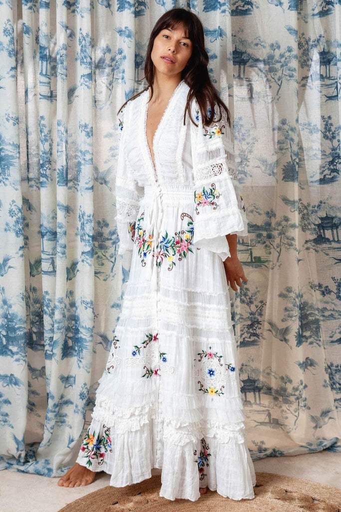 Fillyboo Charm Your Way - Embroidered Maxi Dress/Duster - Rosey Tea In Ivory (For Hire)
