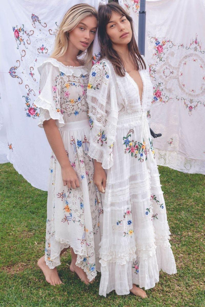 Fillyboo Charm Your Way - Embroidered Maxi Dress/Duster - Rosey Tea In Ivory (For Hire)