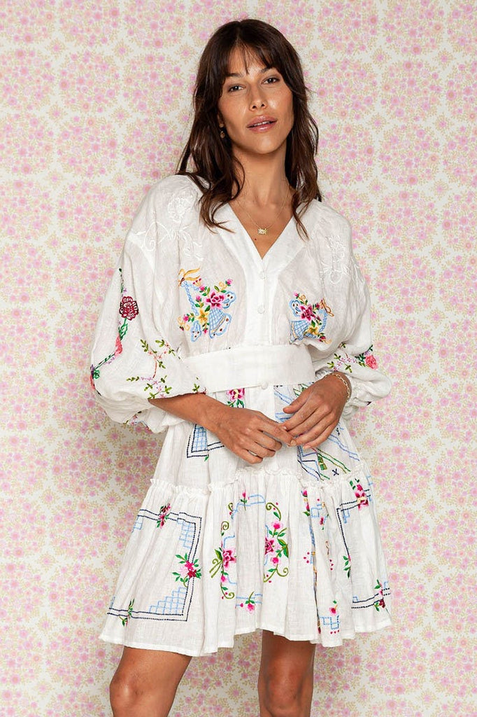 Fillyboo, Dream in Colour - Embroidered Mini Dress in White (For Hire)