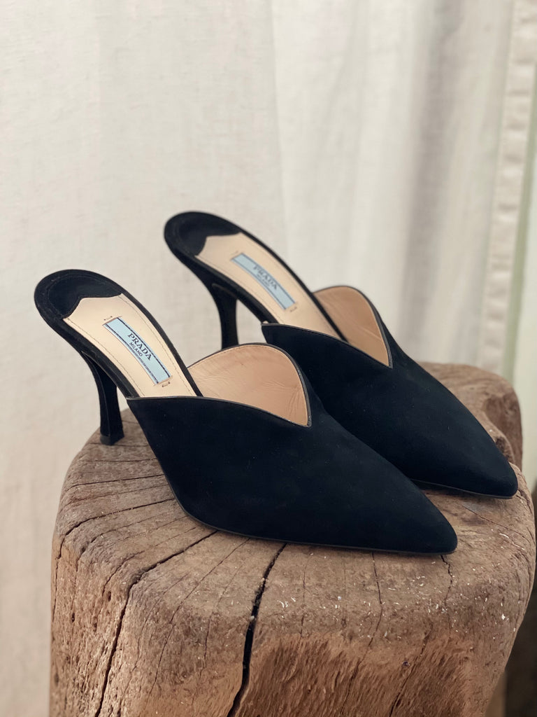 Prada Black Suede V-Cut Mules