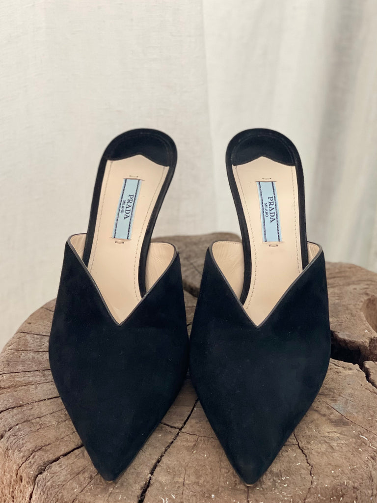 Prada Black Suede V-Cut Mules