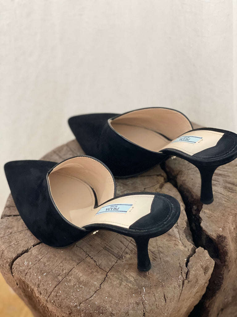 Prada Black Suede V-Cut Mules