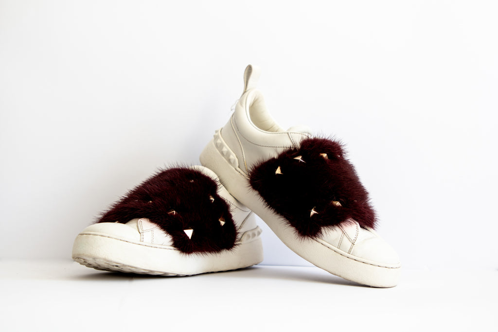 Pre Loved Valentino Garavani Fur And Stud Sneakers