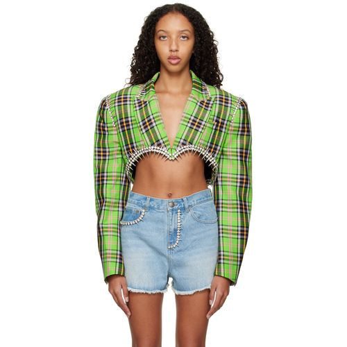 Area Crystal Spike Plaid Blazer And Skirt Set Green