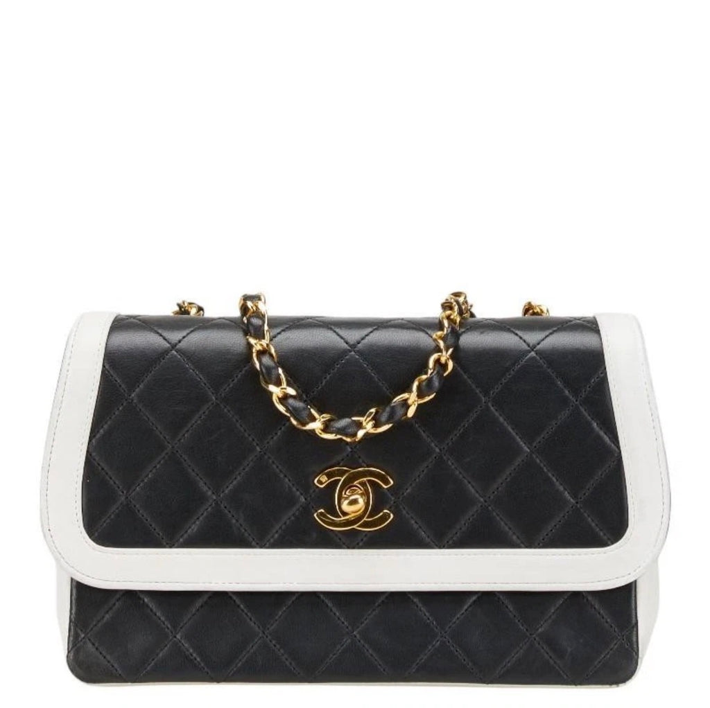 Chanel Coco Mark Matelasse Chain Shoulder Bag Black White Lambskin