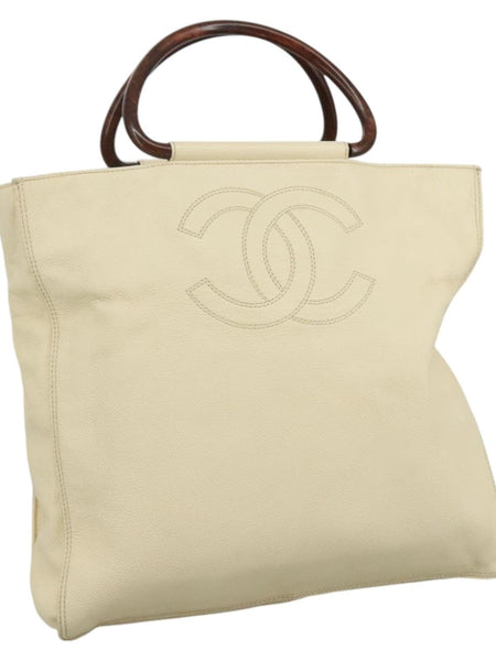 Vintage CHANEL Wooden Handbag Caviar Leather Beige Brown Gold CC