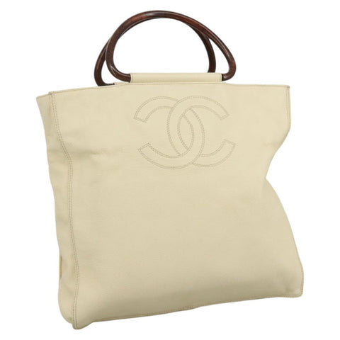 Vintage CHANEL Wooden Handbag Caviar Leather Beige Brown Gold CC