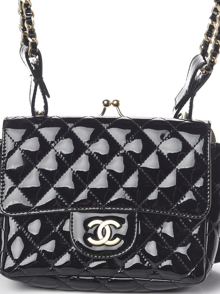 Chanel Vintage Patent Lace Mini Kiss Lock Double Bag Black