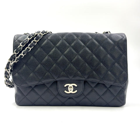 Chanel Classic Large Double Flap Caviar Leather 24K Silver H/W