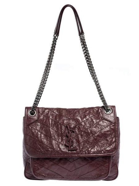 Saint Laurent Crinkled Calfskin Matelasse Monogram Medium Niki Chain Satchel Burgundy Bag