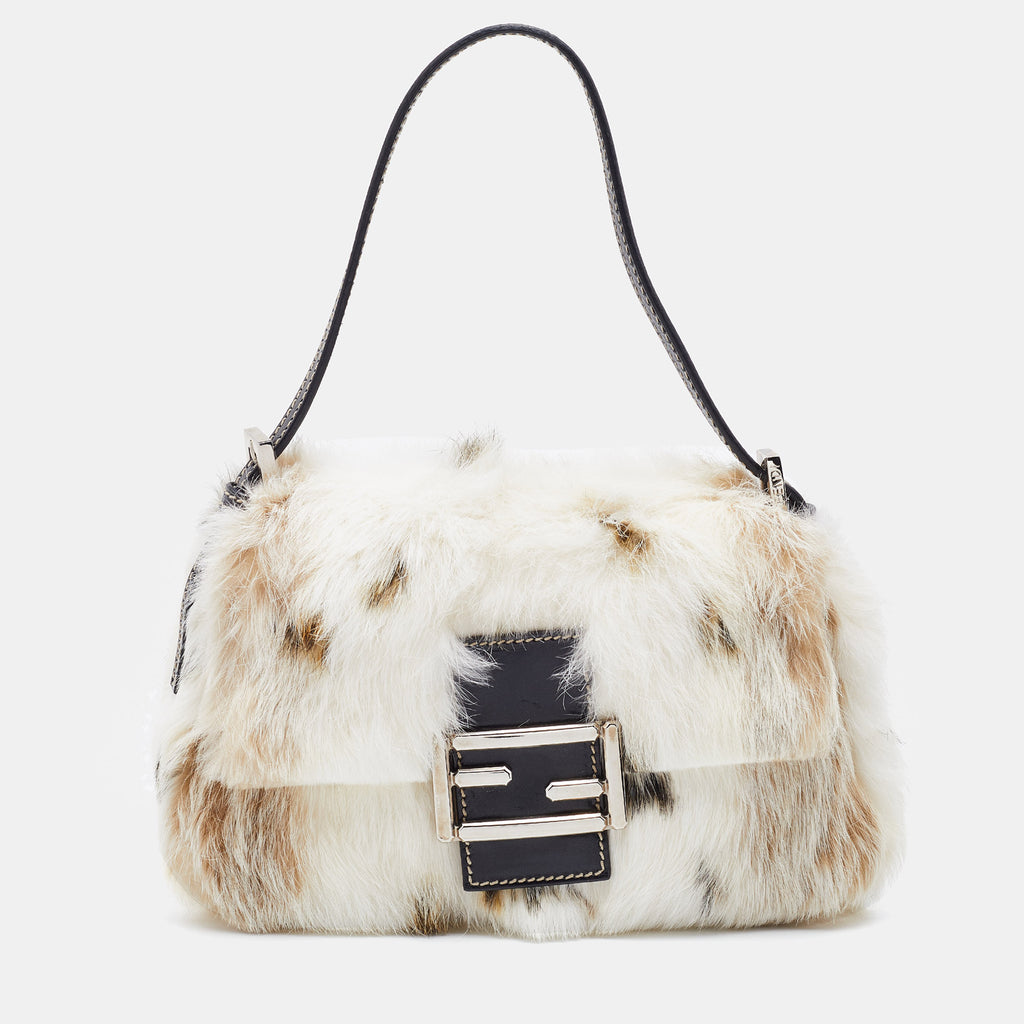 Fendi Mama white/brown rabbit fur baguette bag