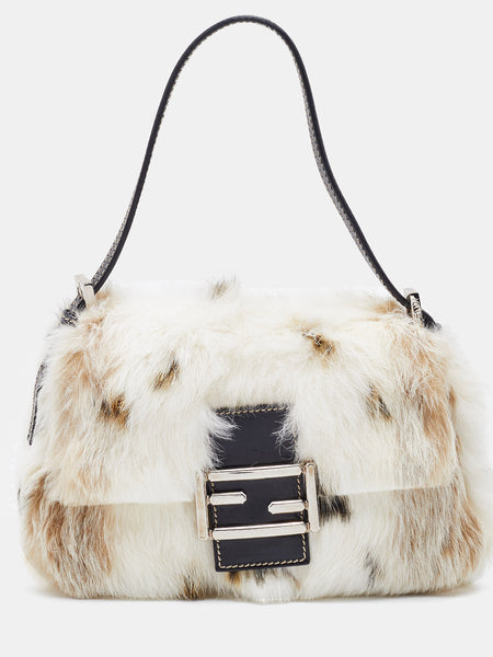 Fendi Mama white/brown rabbit fur baguette bag