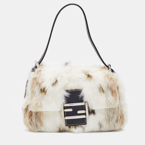 Fendi Mama white/brown rabbit fur baguette bag