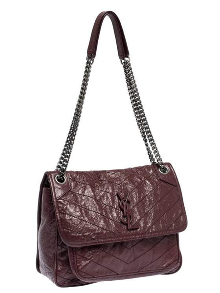Saint Laurent Crinkled Calfskin Matelasse Monogram Medium Niki Chain Satchel Burgundy Bag