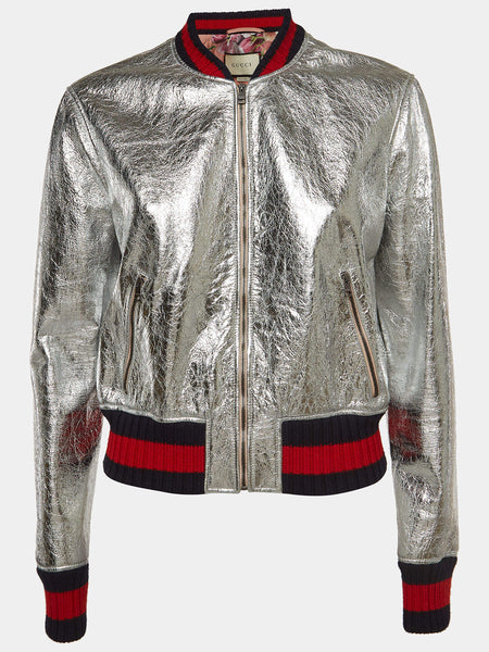 Gucci Silver Metallic Crinkle Leather Bomber Jacket