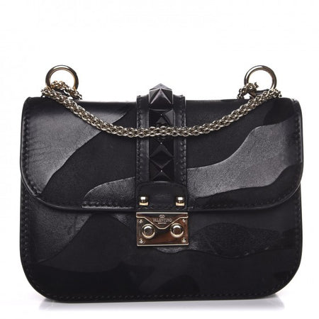VALENTINO GARAVANI Nappa Camouflage Small Glam Lock Rockstud Flap Black Shoulder Bag
