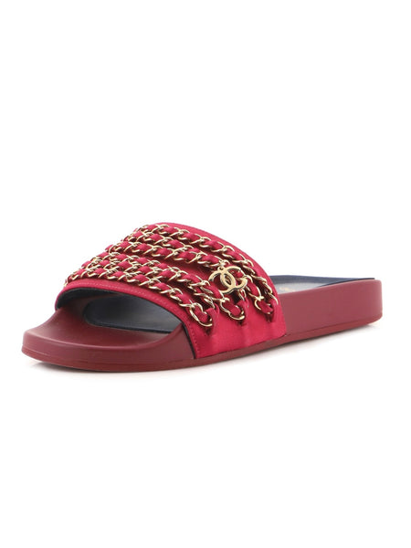 CHANEL Red Tropiconic Chain Slides Size 38