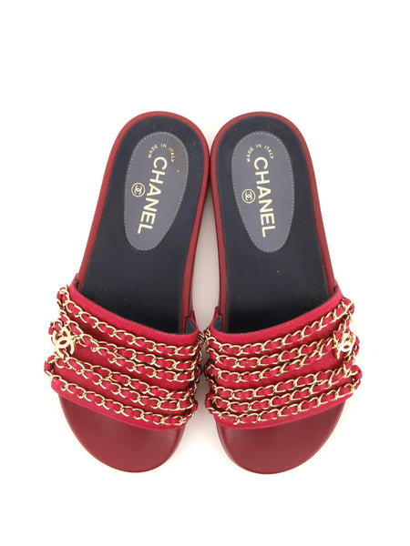 CHANEL Red Tropiconic Chain Slides Size 38