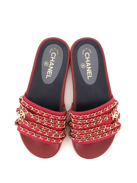 CHANEL Red Tropiconic Chain Slides Size 38