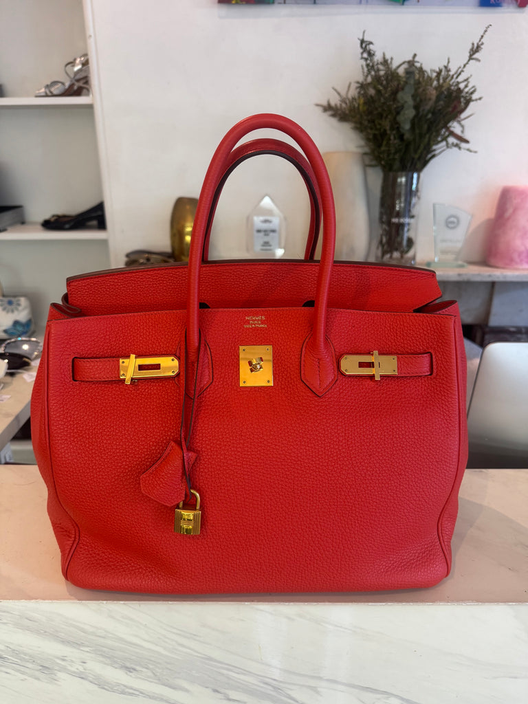 Hermes Birkin 35 Clemence Rouge Pivoine Vermillon Gold Hardware Bag