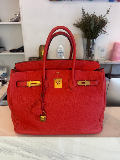 Hermes Birkin 35 Clemence Rouge Pivoine Vermillon Gold Hardware Bag